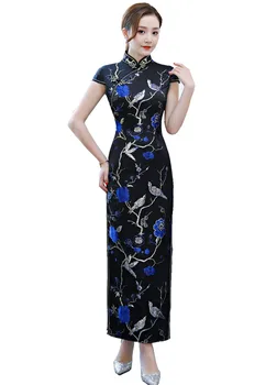  Šanghaj Príbeh 2019 Novej Strany Šaty Dlhé Qipao Čínske tradičné šaty Krátke Rukáv Kvetinové Výšivky Cheongsam pre Ženy