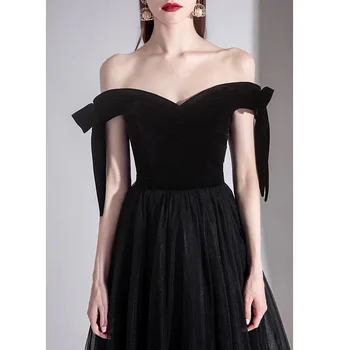  Ženy v Elegantnom Čiernom Off-Ramenný Večerné Šaty Dlhé Tylu Formálnej Strany Šaty župan de soiree вечернее платье